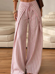 LIZAKOSHT  -  Pants Leg Stripe Women Trousers Adjustable Waist Wrap Loose Summer Floor Length Boho Palazzo Trousers Women Outfit For Women