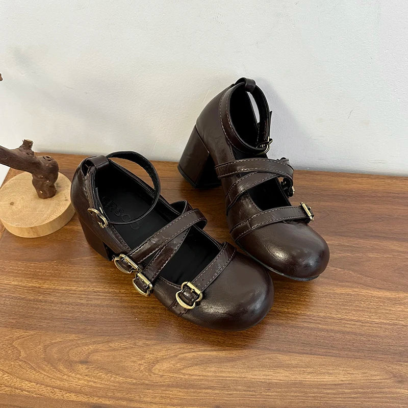 LIZAKOSHT  -  Design Cross Strap Women Mary Jane Shoes Fashion Thick Heel Shoes Autumn Ladies Outdoor Dress Stripper Leather Shoes