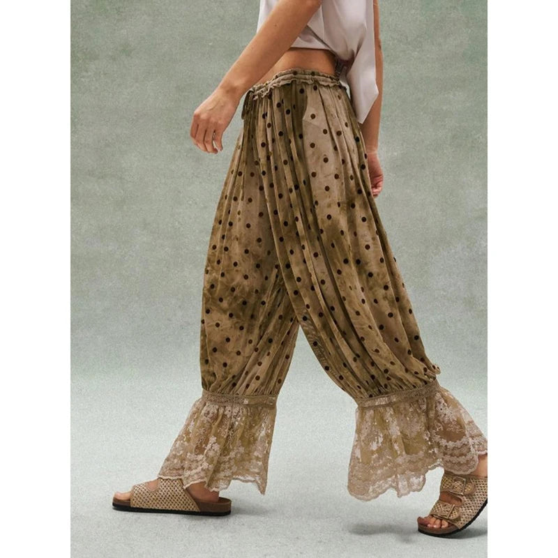 LIZAKOSHT  -  Women's Y2K Bloomer Pants Lace Trim Loose Fit Ruffle Bloomers Elastic Waist Cropped Pumpkin Pettipants Pajama Bottoms