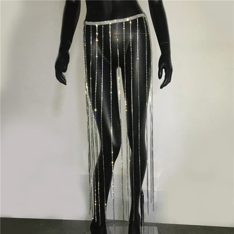 LIZAKOSHT  -  Glitter Rhinestone Long Tassel Skirts For Women Handmade Sexy Diamond Chain Summer Beach Nightclub Party Skirt Belt Accessory