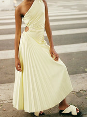LIZAKOSHT  -  Elegant Fashion Women Party Pleated Bandage Dresses Lady Diagonal Collar Long Sleeveless One Shoulder Evening Wedding Dress