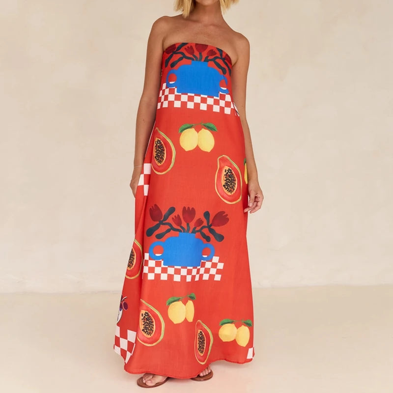 LIZAKOSHT  -  Beach Holiday Strapless Maxi Tube Dress Vintage Fruit Print Backless Swing Loose Dress Women Summer Boho Off Shoulder Long Dress