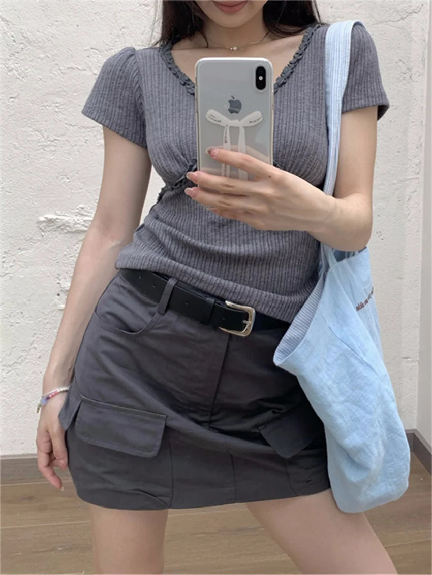 LIZAKOSHT  -  Stylish V-Neck T-Shirts Slim Women Summer 2024 Casual Short Sleeve Mini Skirts High Street Office Lady Chic Daily