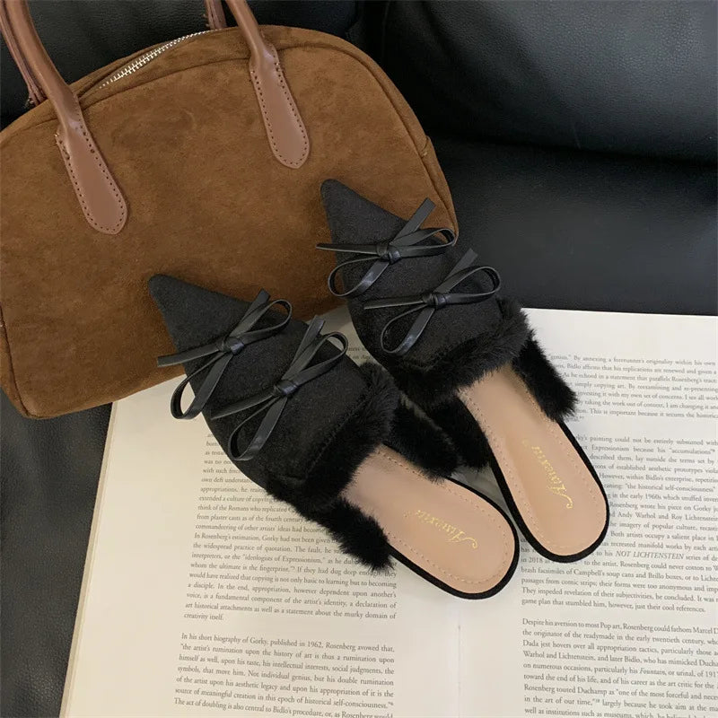 LIZAKOSHT  -  Flock Fur Shoes Low Slippers Flat Slides Pointed Toe Plush Rome Fabric PU Rubber Hoof Heels Shoes Woman Slippers Flat Low F
