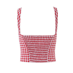 LIZAKOSHT  -  Sexy Red Plaid Spliced Lace Bow Ruched Chest Tank Top + High Waist Wood ears Mesh Lining Swing Cake Mini Skirt Suits 2pcs 1 Set