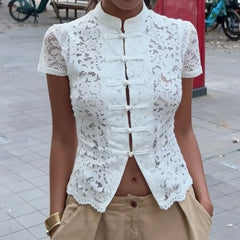LIZAKOSHT  -  Y2k Lace Hollow Out Shirts Cardigan Women's Short Sleeve See-Through Patchwork Commute Top Female Summer Lace Blouses
