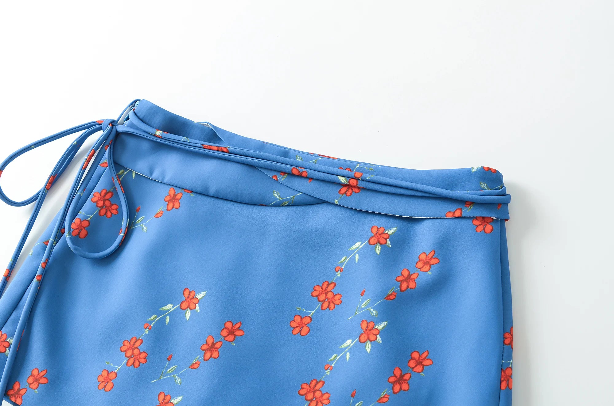 LIZAKOSHT  -  Summer Girl Bandage Lacing Up Sashes Ruched Waist Blue Floral Print Mini Skirts Fashion Women Zip up Waist A-lined Short Skirts