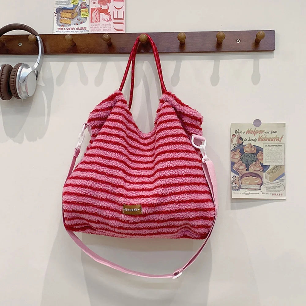 LIZAKOSHT  -  Striped Tote Bag For Women Cute Travel Plush Simple Shoulder Bag Fluffy Large Capacity Handbag For Winter