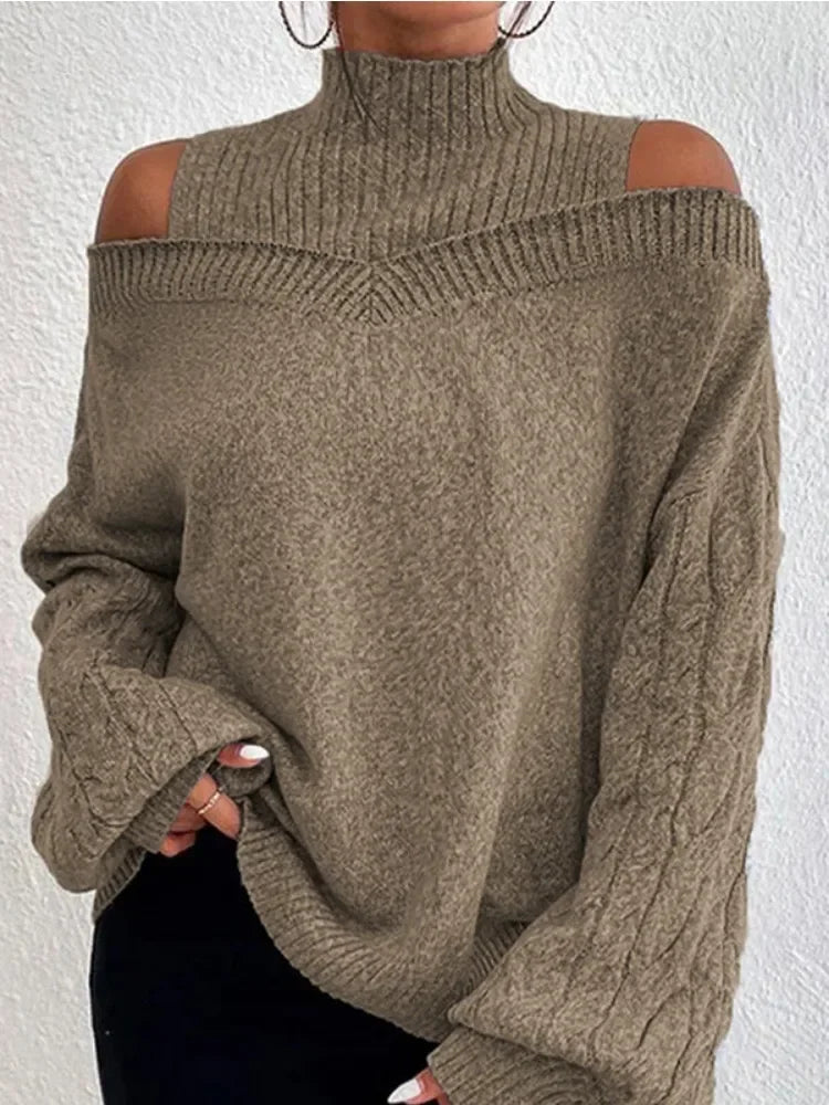 LIZAKOSHT  -  Female Solid Color High Neck Sweater New Long Sleeves Loose Hollow Cold Shoulder Casual Kintted Pullovers Tops