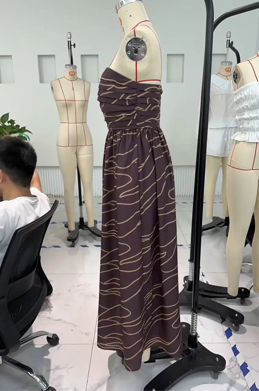 LIZAKOSHT  -  Women Strapless Dress Summer Abstract Print Ruched A-Line Dress for Cocktail Party Beach Streetwear Aesthetic Clothes