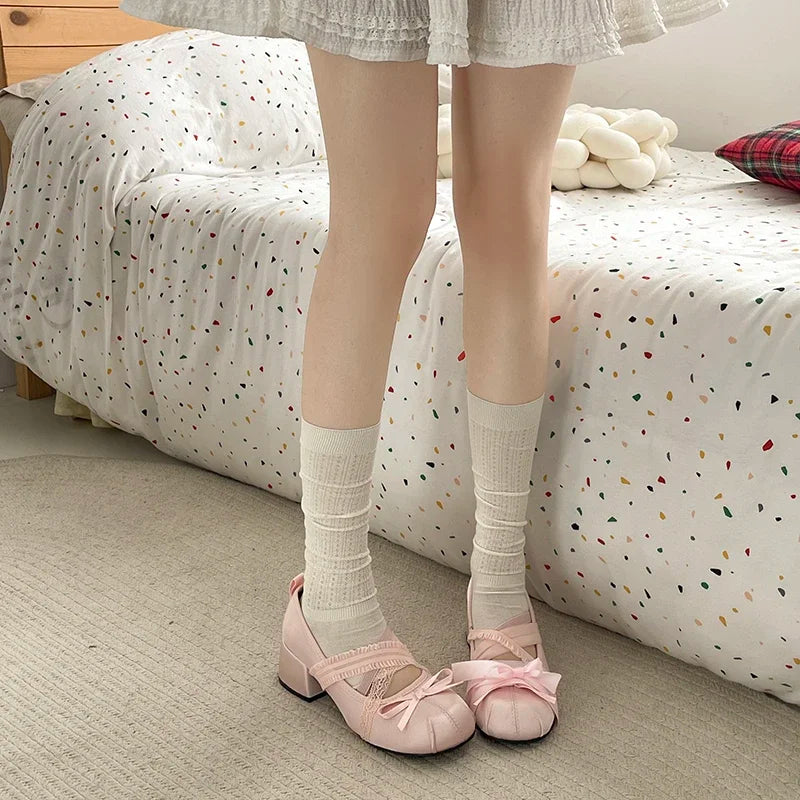 LIZAKOSHT  -  Lace Cross Strap Women Mary Jane Shoes Fashion Sweet Butterfly-knot Thick Heel Shoes Spring Autumn Ladies Elegant Dress Pumps