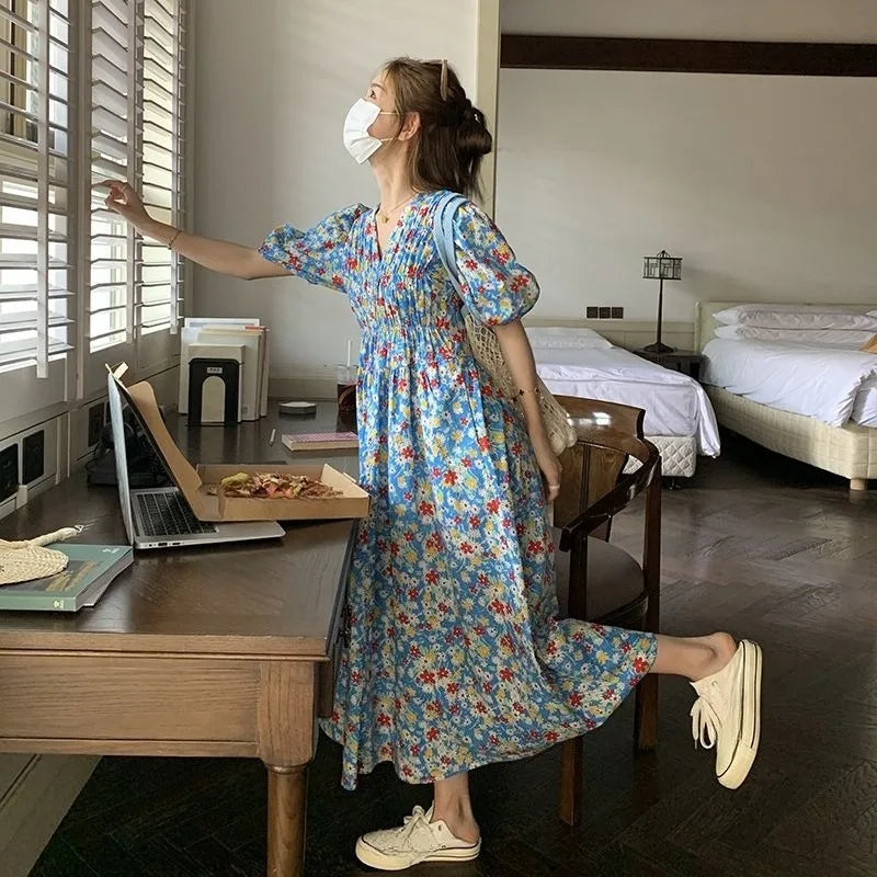 LIZAKOSHT  -  Vestidos Mujer Sweet Spring Summer Blue Print Floral Vintage Woman Dress Korean Fashion Puff Sleeve Long Dress