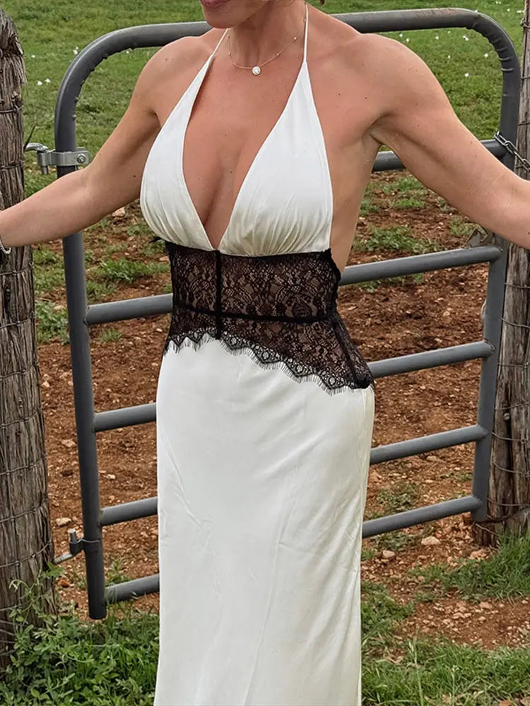 LIZAKOSHT  -  Patchwork Lace Long Dress For Women Deep V-neck Halter Sleeveless Draped Backless Robe 2025 Summer Elegant Female Party Dresses