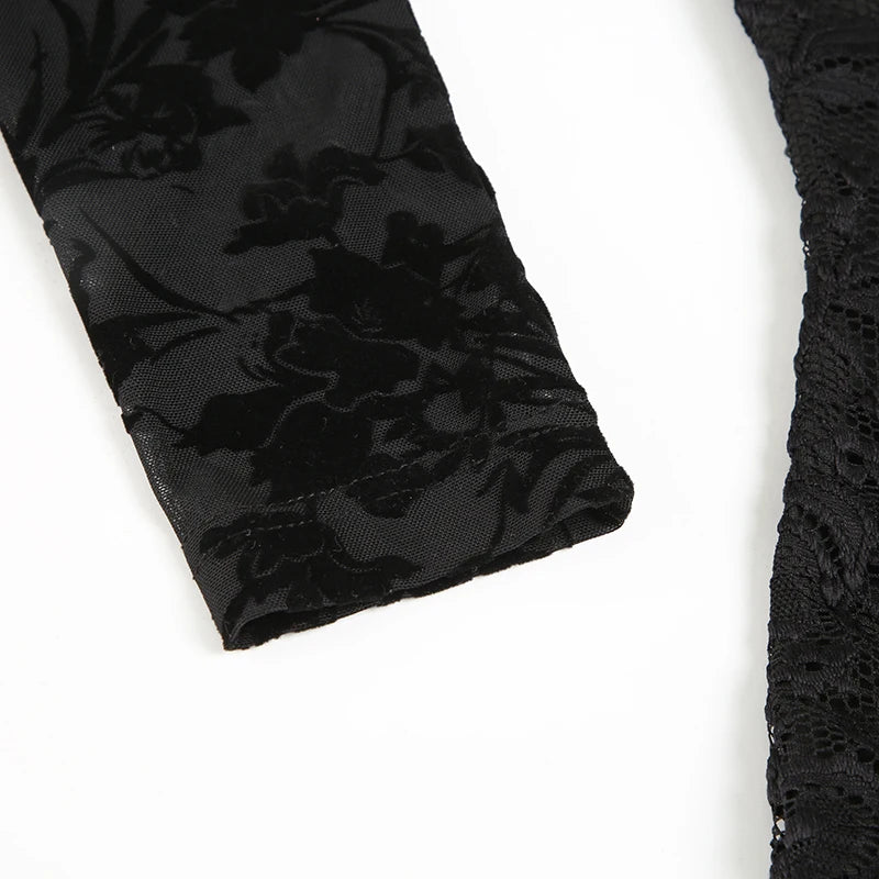 LIZAKOSHT  -  Sweetown Black Lace V-Neck Slim Fit Long Sleeve Women Blouses Sexy Hottie All-Match Chic Fashion Trendy Clothing