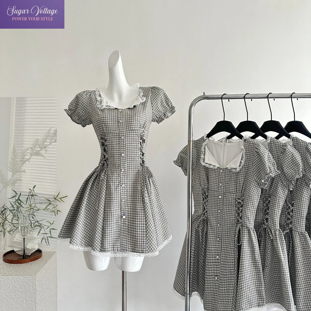 LIZAKOSHT  -  French Retro Plaid Shirt Dress Women Summer Waist Slim Fit Dress with Lace Doll Collar Puff Sleeves Ruffle Hem Vintage Sweet New