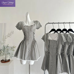 LIZAKOSHT  -  French Retro Plaid Shirt Dress Women Summer Waist Slim Fit Dress with Lace Doll Collar Puff Sleeves Ruffle Hem Vintage Sweet New
