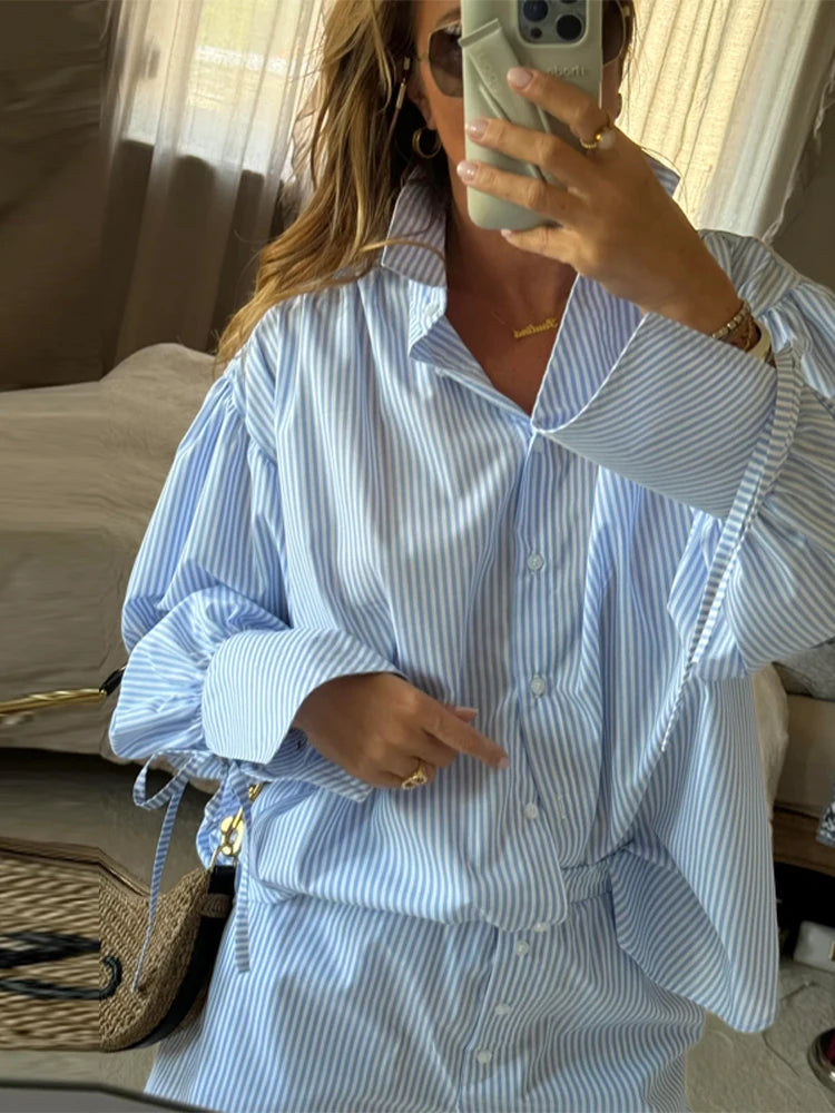 LIZAKOSHT  -  Casual Short Women Lapel Single-breasted Shirt Straight Wide-leg Shorts Fashion Loose Two Pieces Set Women Vacation Lady Outfit