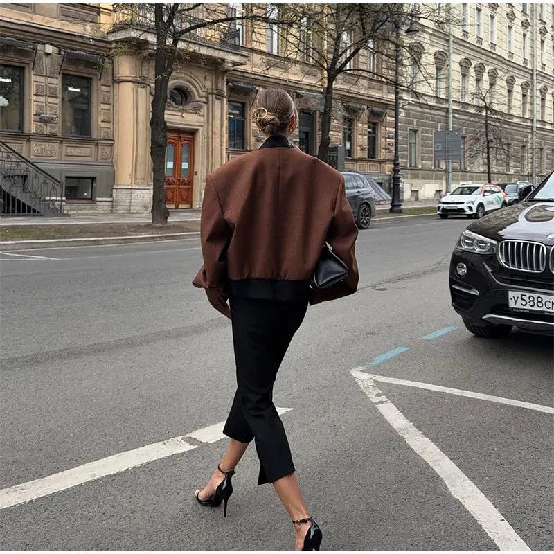 LIZAKOSHT  -  Women Vintage Lapel Neck Jackets Temperament Full Sleeve Pockets Short Jacket 2025 Autumn Lady Chic Daily Commute Outerwear