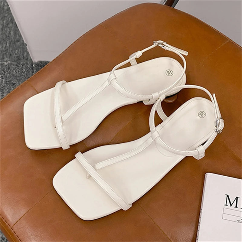 LIZAKOSHT  -  New Simple T-Strap Square Toe Flat Sandals Women Fashion Solid Color Soft Sole Roman Shoes Sandalias Mujer