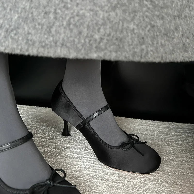 LIZAKOSHT  -  Designer Round Toe High Heels Women Ballet Shoes Satin Luxury Party Dress Shoe Fashion Elegant Leisure Bow Sweet Mary Jane Shoes