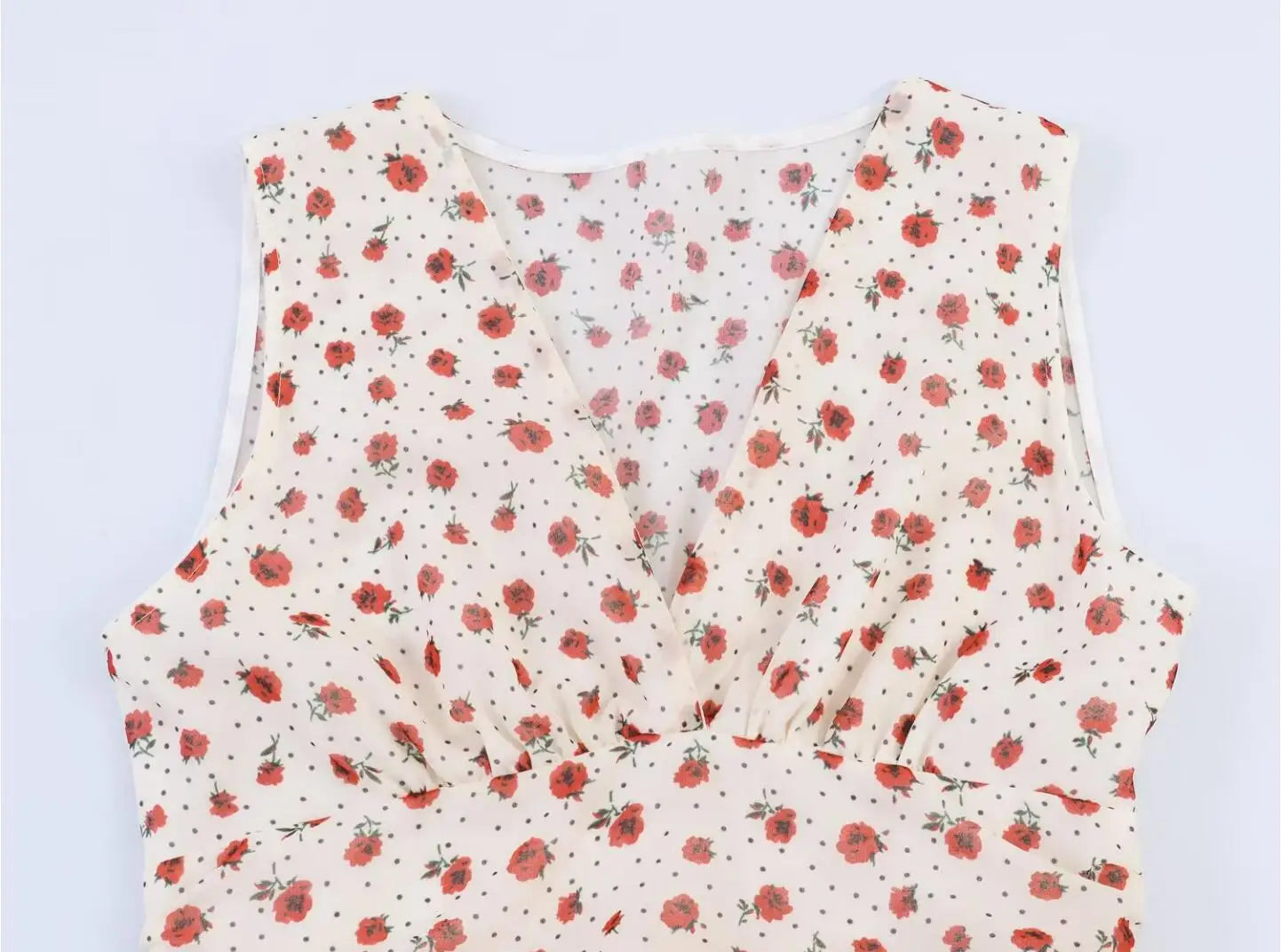 LIZAKOSHT  -  Sweet Beige Floral Print Cross Deep V neck Mini Sleeveless Dress Women Slim Waist Tierred Ruffles Cake Dresses A-lined Robe