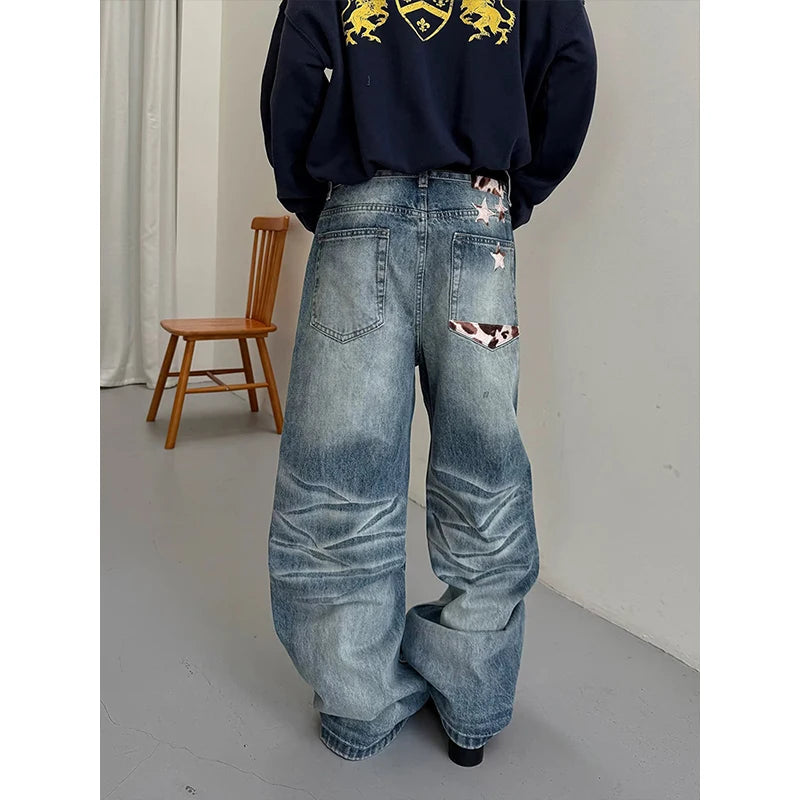 LIZAKOSHT  -  Women's Gothic Y2k Blue Jeans Vintage Hiphop Grunge American Splicing Jeans Pants Baggy Boyfriend Wide Leg Denim Pants