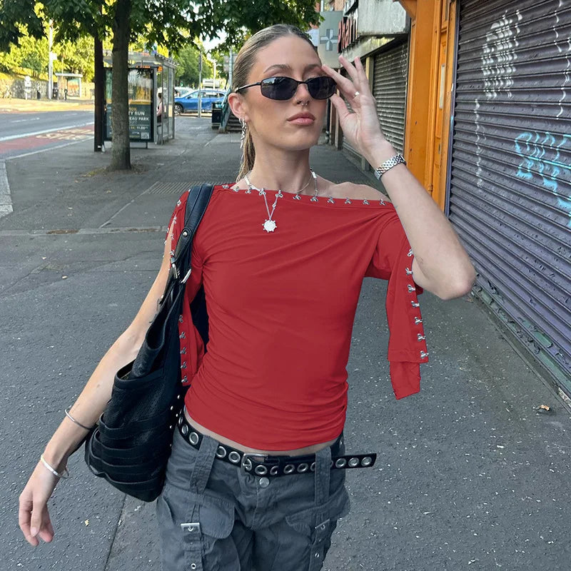 LIZAKOSHT  -  Women's Chic Diagonal Collar T-shirts Sexy Off Shoulder Half Sleeve Asymmetrical Crop Tops Ladies Blue T Shirt Streetwear