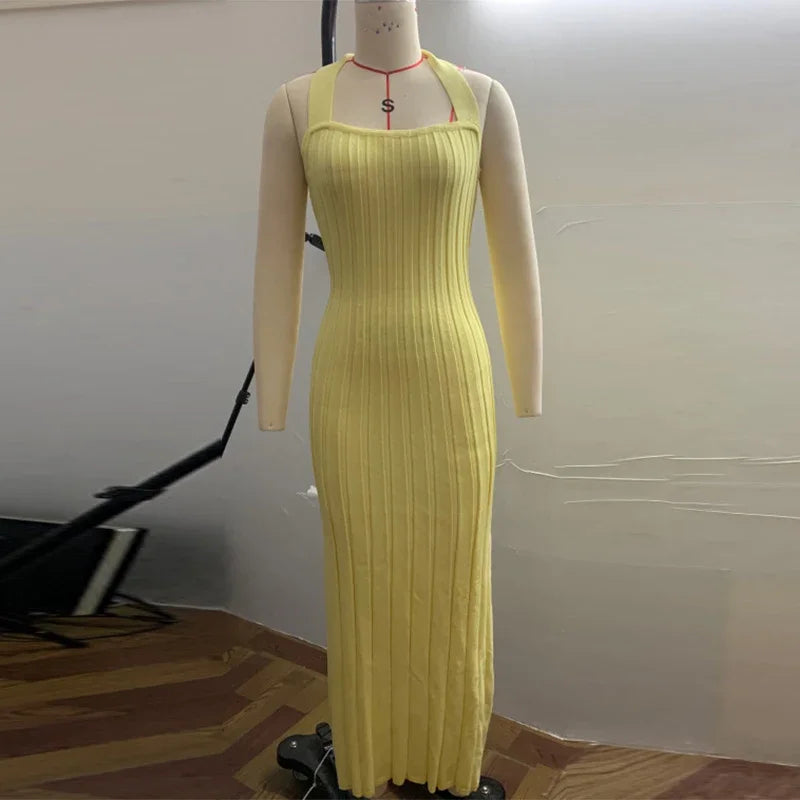 LIZAKOSHT  -  Sexy Knitted Halter Long Dress Women Sleeveless Backless Lace Up Waist Cinching Slim Dresses Lady Summer Chic Casual Party Robes