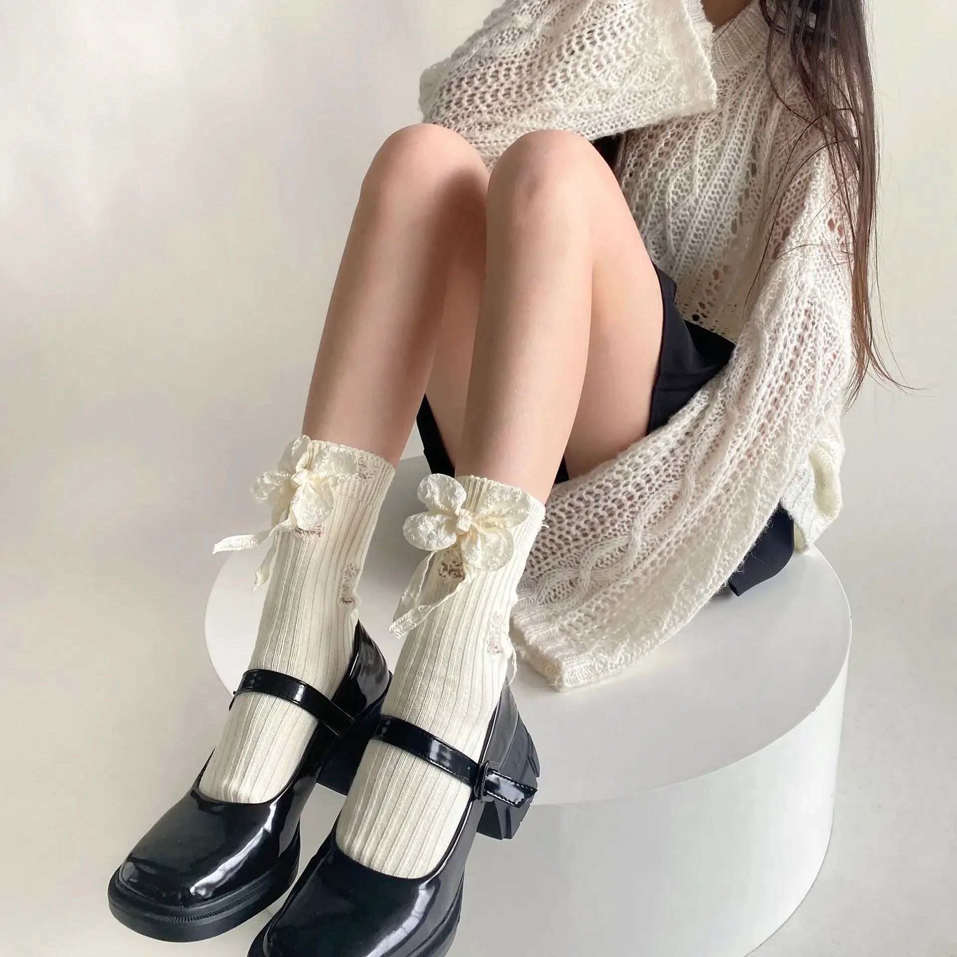 LIZAKOSHT -  Solid Color Black White Gray Socks Women Autumn Winter Cotton Elastic Long Socks Cute Floral JK Lolita Sweet Girls Kawaii Socks