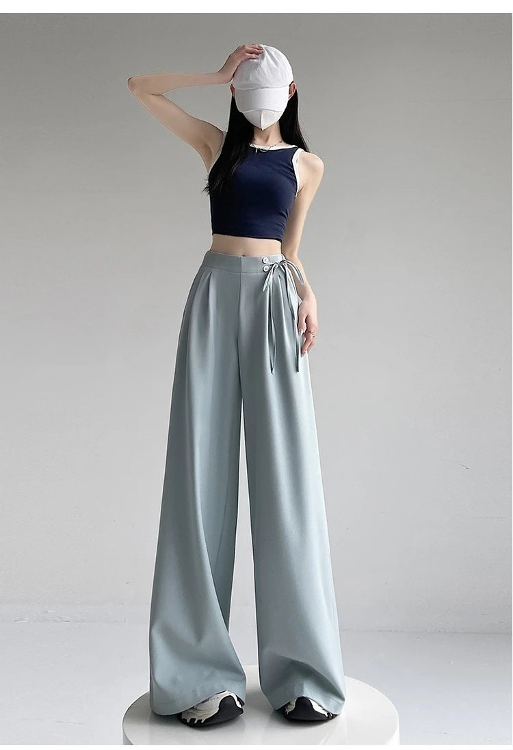 LIZAKOSHT  -  New Spring Summer Buttons High Waist Wide Leg Pants for Women High Waist Lace-up Straight Loose Full Length Trousers Female