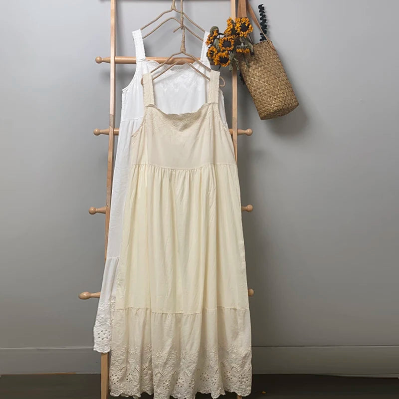 LIZAKOSHT  -  Embroidered Suspender Dress Loose Versatile Lace Hollow Out Cotton Bottomed Skirt