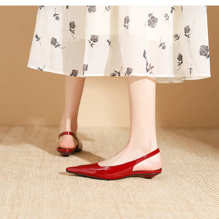 LIZAKOSHT -  Delicate Red Shiny Leather Sandals Woman Slingback Low Heels Shoes Ladies Party Brides Tacones Mujer Pointed Toe Flats Sandalias