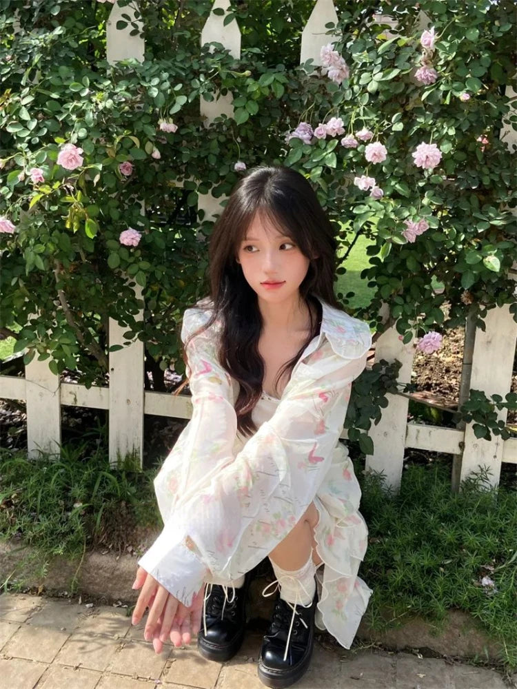 LIZAKOSHT  -  Japanese Kawaii 2 Piece Skirt Sets Women Casual Y2k Thin Floral Blouse + Short Skirts Beach Style Elegant Korean Fashion Suits