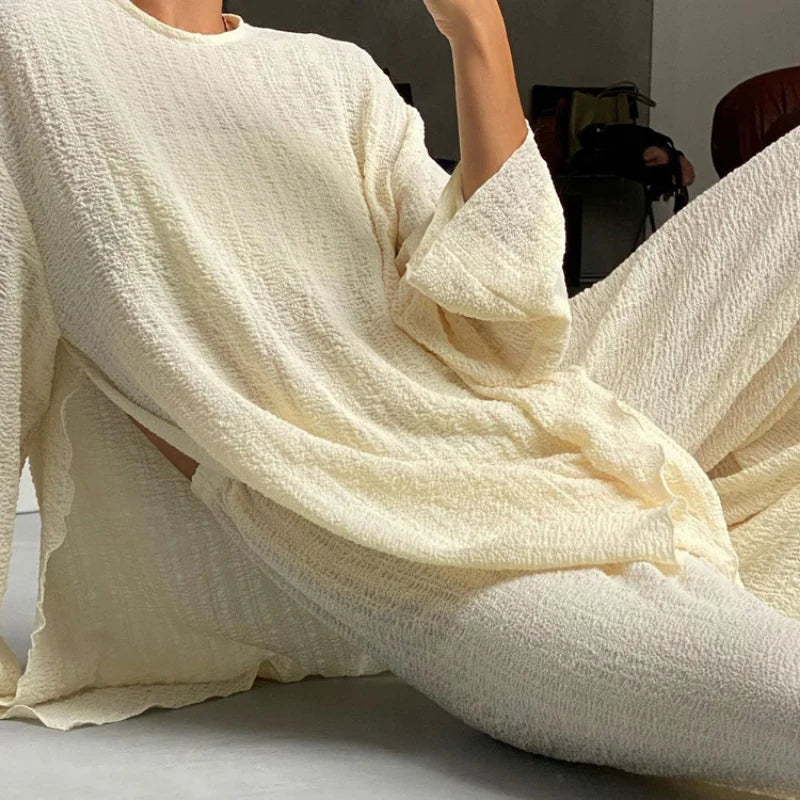 Lizakosht Women Pleated Outifits Casual Long Sleeve Matching Wide Trousers Suit Oversized 2 Piece Sets Vintage High Wasit Pant Set