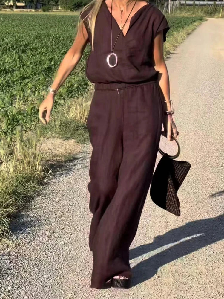 LIZAKOSHT  -  Sexy V-neck Top Pants 2 Piece Sets Women Casual Short Sleeve Top High Waist Straight Pant Sets 2025 Female Summer Chic Outfit