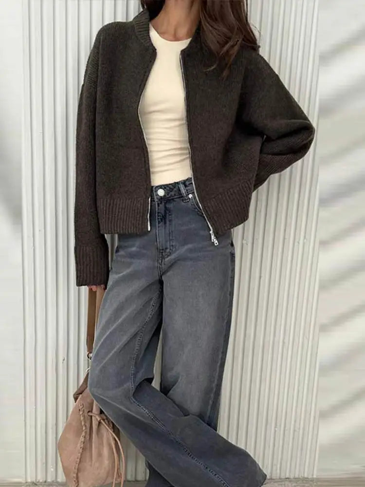 LIZAKOSHT  -  Double-Head Zipper Knitted Sweater Cardigan Solid Color Bomber Jacket Women's Commute Coat Top Minimalism Knitwear Overcoat