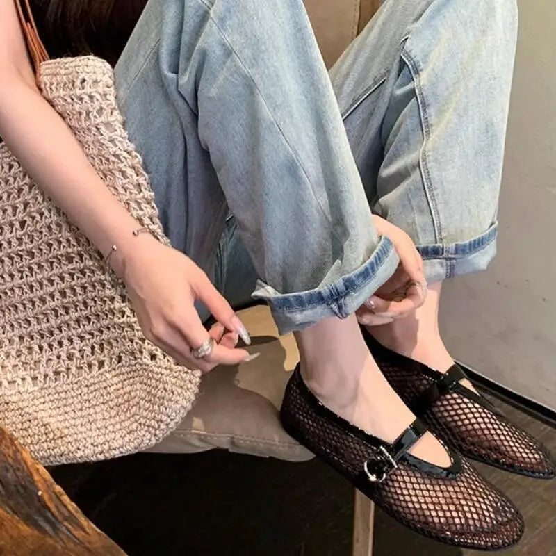 LIZAKOSHT  -  Summer Fashion Designer Rhinestones Round Toe Mary Janes Women Flat Mesh Sandals Buckle Strap Comfortable Outdoor Dress Shoes