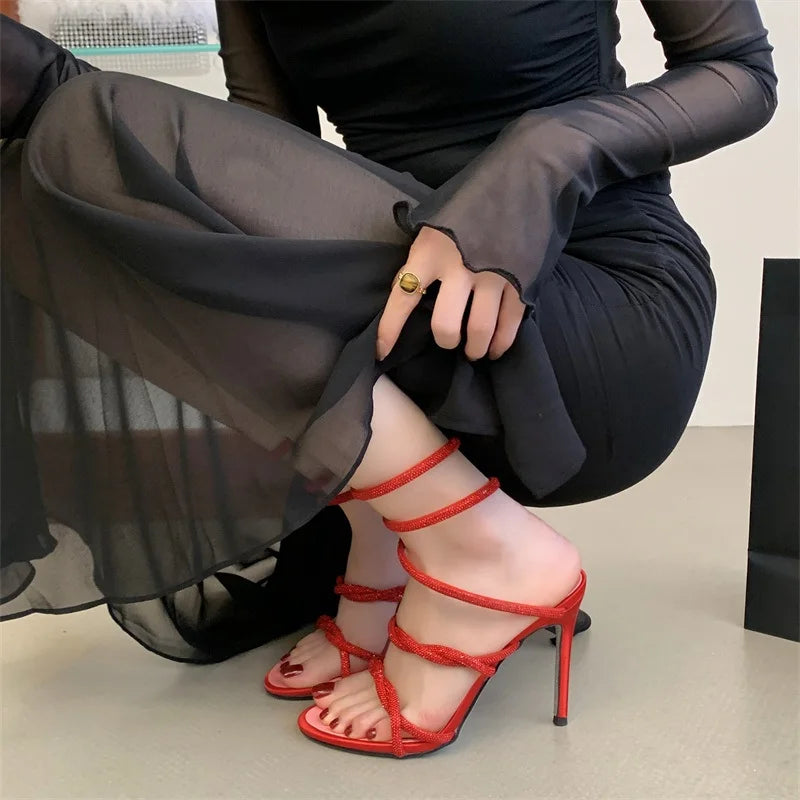 LIZAKOSHT  -  Summer Luxury Rhinestones Snake Coiled Ankle Strap Stiletto Heeled Women Gladiator Sandals Party Banquet Prom Shoes
