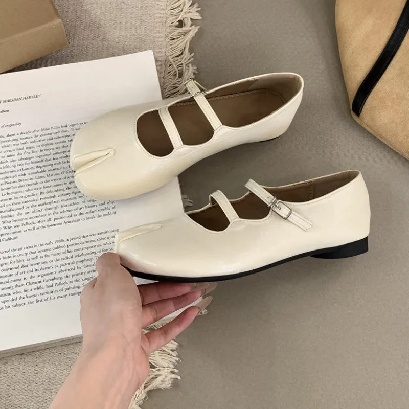 LIZAKOSHT  -  Spring New Tabi Ninja Shoes Women Round Spilt Toe Shallow Buckle Ballet Shoes Fashion Eelgant Low Heels Mary Jane Single Shoes