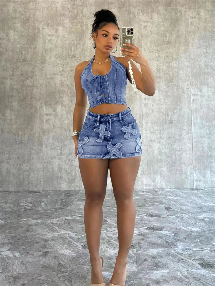 LIZAKOSHT  -  Summer Sexy Blue Denim 2 Two Piece Skirt Sets Club Party For Women 2024 Sleeveless Bodycon Crop Top Fashion Skirts Sets