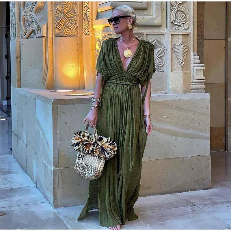 LIZAKOSHT  -  Fashion Halter Long Dress For Women Sleeveless Backless Draped Slip Lace Up Robe 2025 Summer Elegant Female Daily Beach Dresses