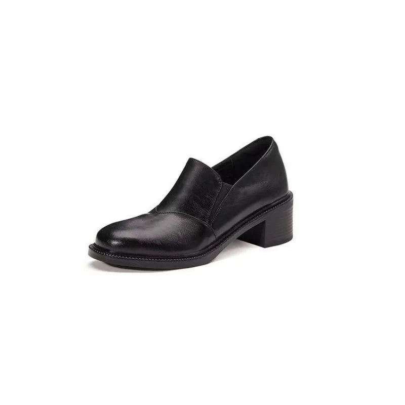 LIZAKOSHT  -  NEW Spring Women Loafers Split Leather Women Shoes Round Toe Chunky Heel Shoes Concise Slip-on Daily Ladies Shoes