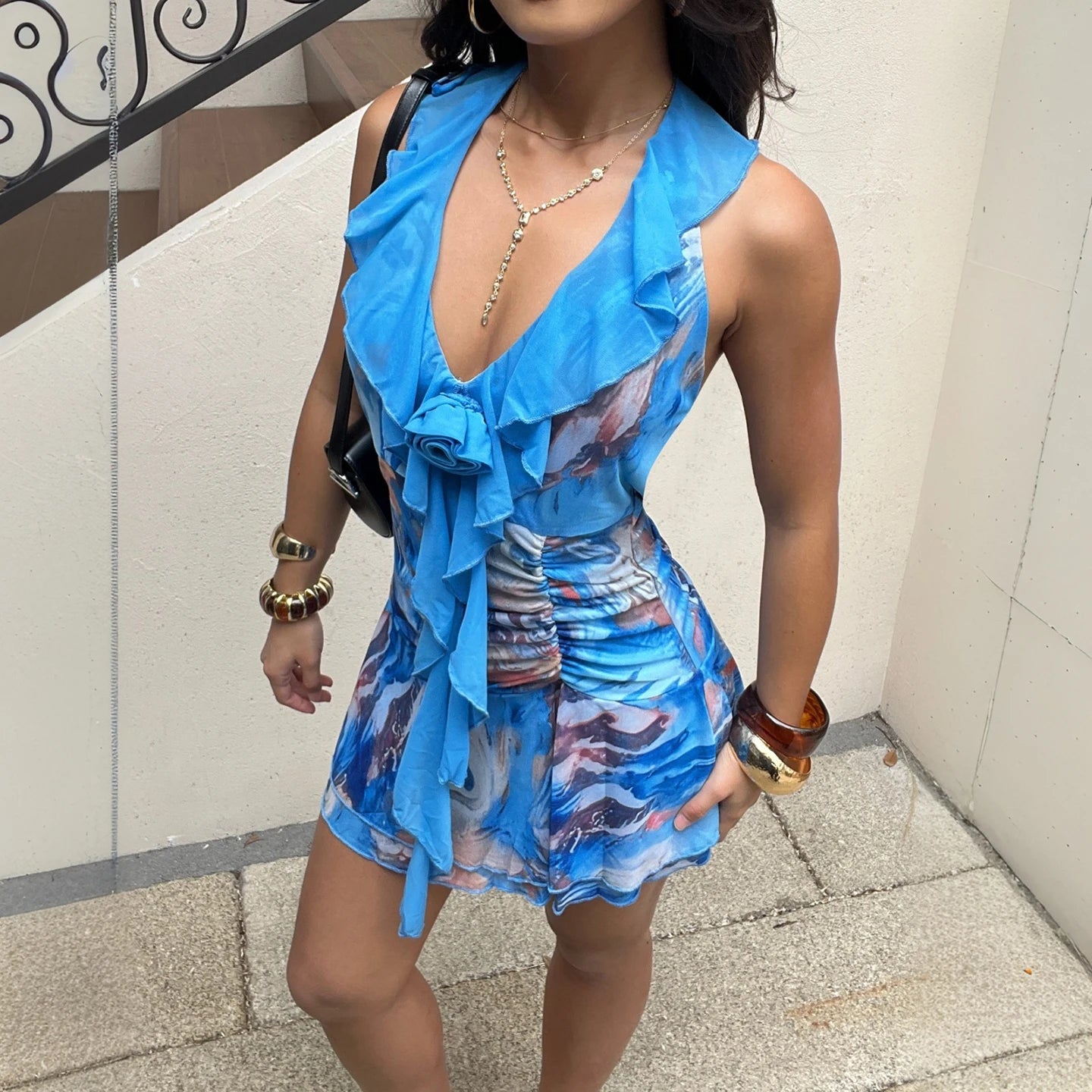 LIZAKOSHT  -  Sexy Deep V-neck Floral Print Halter Dress Chic Wood Ear Detailing Backless Vacation Mini Dress Y2k Party Outfit Summer