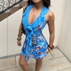 LIZAKOSHT  -  Sexy Deep V-neck Floral Print Halter Dress Chic Wood Ear Detailing Backless Vacation Mini Dress Y2k Party Outfit Summer