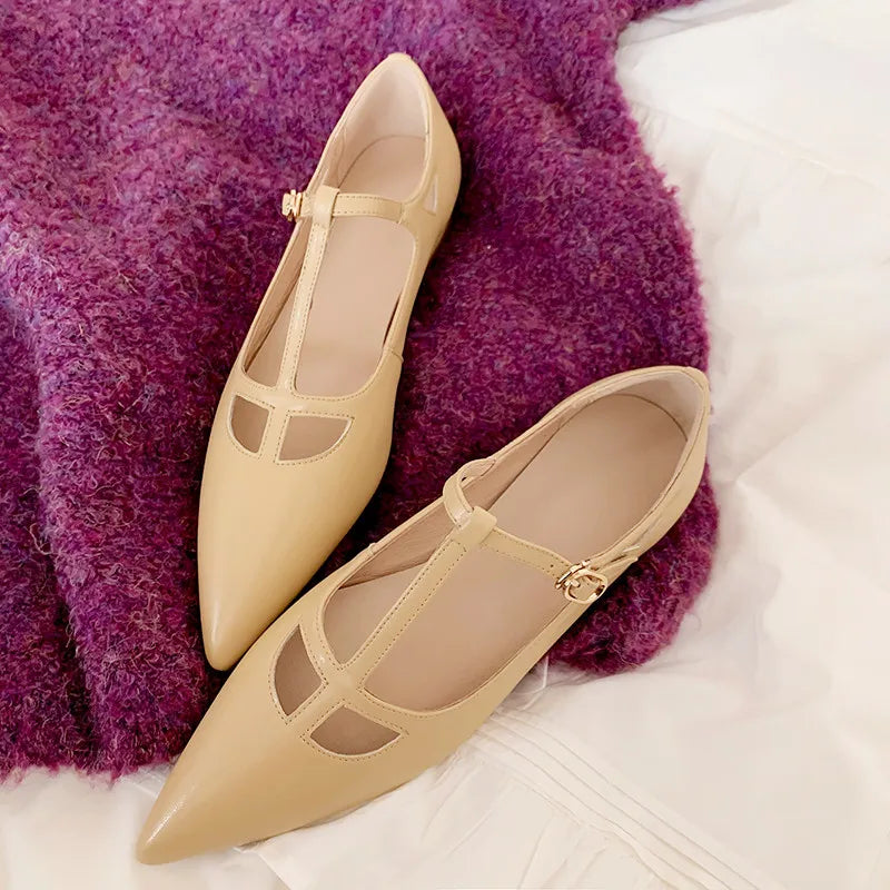 LIZAKOSHT  -  Fashion Women Shoes New High Quality True Leather T-shaped Buckle Pointed Low Heel Leather Shoes Summer Light Shoes