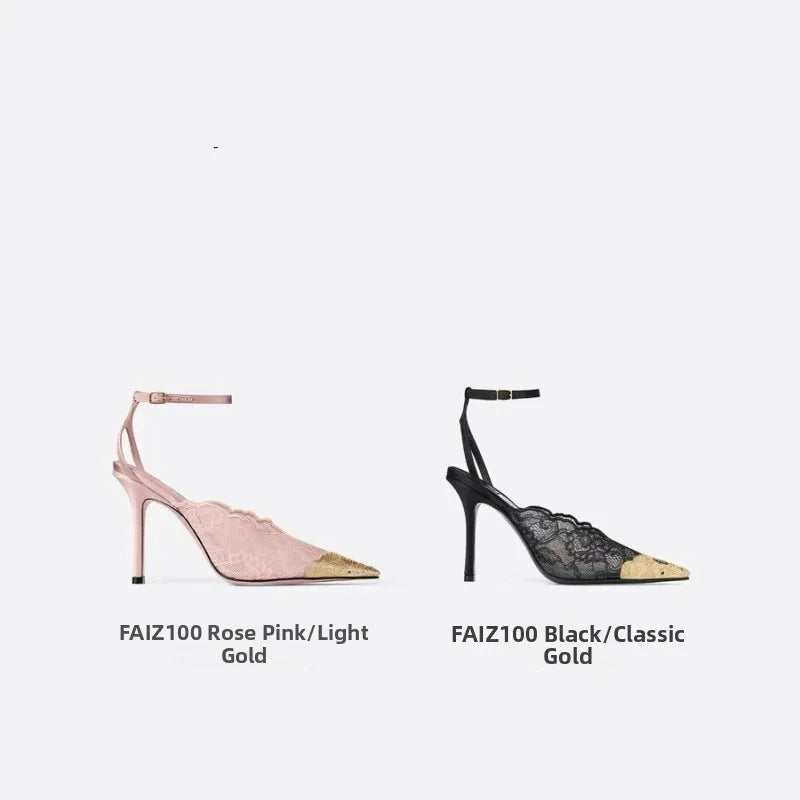 LIZAKOSHT  -  Summer New Lace Embroidered Net Head Cover Sandals Women's Thin Heel Pointed Toe Sexy Color Block Shoes Silk Velvet Slip-On