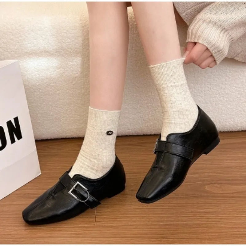 LIZAKOSHT  -  Women Square Toe Mary Jane Shoes Vintage Wrinkle Leather Buckle Strap Loafers Retro Office Dress Footwear Model on Feet
