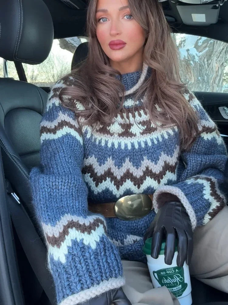 LIZAKOSHT  -  Printed Knitted Pullover Sweater Women Turtleneck Long Sleeves Loose Sweaters All-match Early Spring New Ladies Knitwear