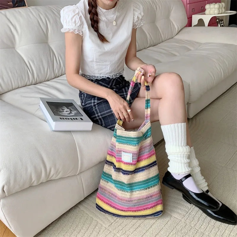 LIZAKOSHT  -  High-capacity Fashion Contrast Color Striped Tote Bags Y2k Casual Knitted Underarm Bag Rainbow Women Sweet Ins Shoulder Handbags