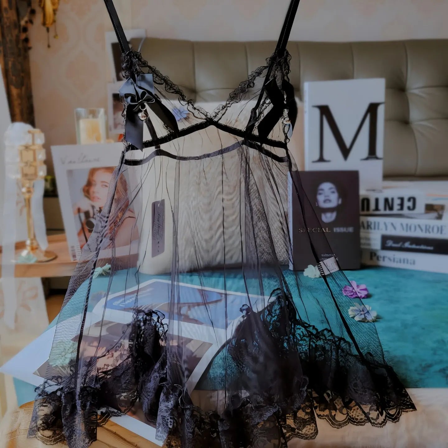 LIZAKOSHT  -  Sexy Sleepwear Ladies Nightgowns Transparent Mesh Pajamas New Ultra-thin Lace Suspender Nightdress with Panty Lingerie Set